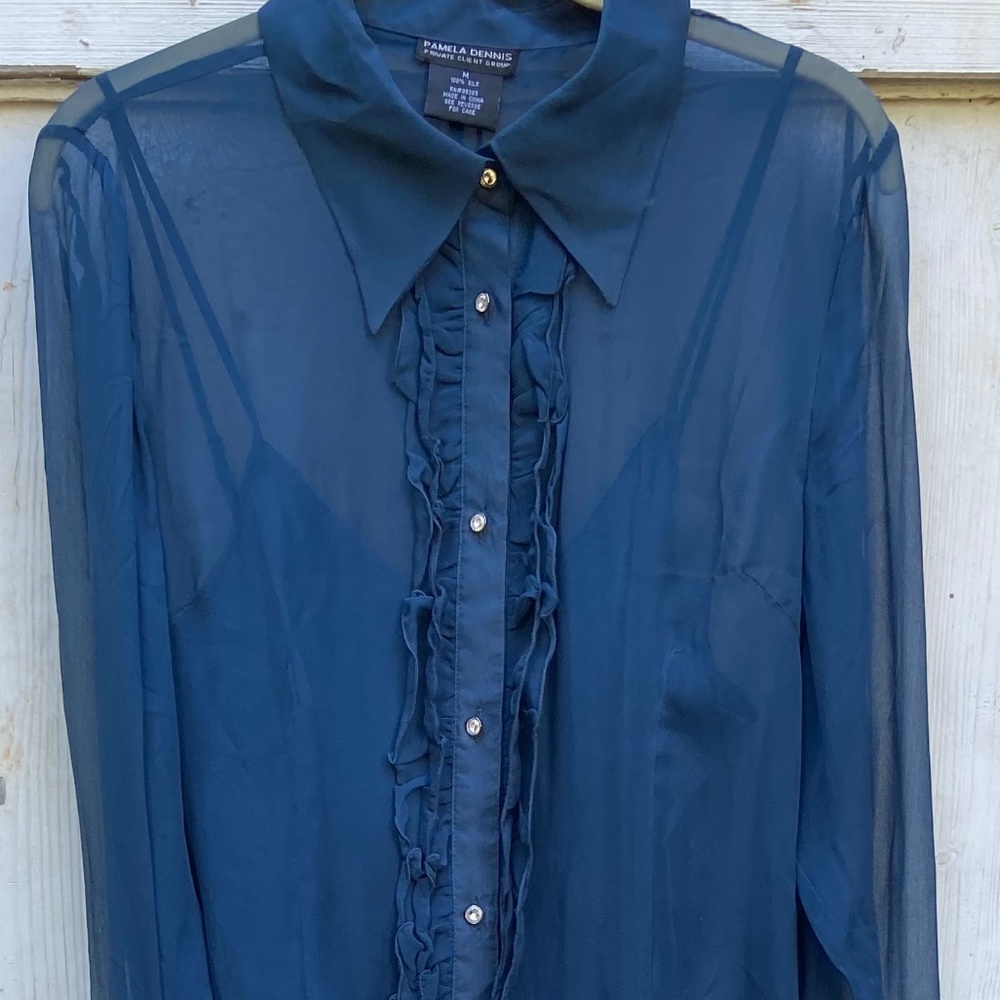Pamela Dennis Sheer Silk Ruffled Button Front Blouse with Silk Cami Size M